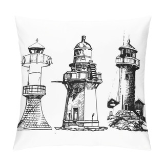 Personality  Set Of Cartoon Lighthouses. Icons. Pencil Drawing Style In Isolate On A White Background. Vector Graphic Illustration. Pillow Covers
