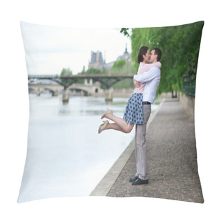 Personality  Happy Romantic Couple Is Hugging Near The Seine, Girl Is Jumping Pillow Covers