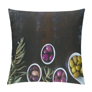 Personality  Elevated View Of Different Olives For Olive Oil And Twigs On Shabby Surface  Pillow Covers