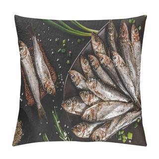Personality  Salted Fishes Sprat Marinated With Spices, Salt On Plate Over Dark Stone Background. Mediterranean Food, Appetizer, Seafood, Top View Pillow Covers