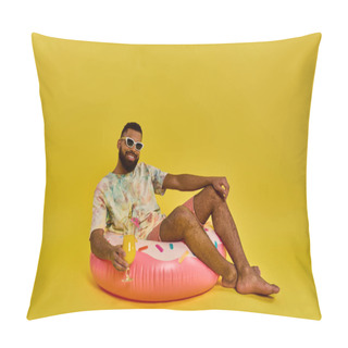 Personality  A Man Sits Peacefully On A Massive Inflatable Object, Pondering The World Around Him As He Floats Gently On The Waters Surface. Pillow Covers