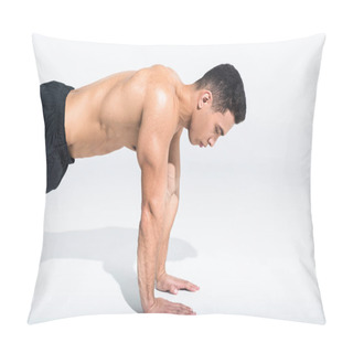 Personality  Handsome Sportive Mixed Race Man Doing Push Ups On White Pillow Covers