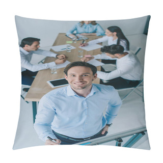 Personality  Selective Focus Of Smiling Businessman At White Board And Coworkers At Workplace In Office Pillow Covers
