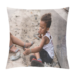 Personality  Poor African American Boy Reaching Dirty Medical Mask Near Sister On Ground Pillow Covers
