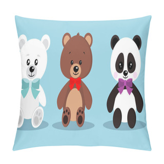 Personality  Set Of Isolated Cute Elegant Holiday Teddy Toy Bears With Bow Tie In Sitting Pose Brown Bear, Polar Bear, Panda On Blue Background, Vector Clip Art Cartoon Character Illustration In Flat Style. Pillow Covers