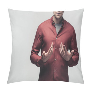Personality  Confident Businessman Using Body Language And Gesturing With Hands Isolated On Grey, Human Emotion And Expression Concept Pillow Covers