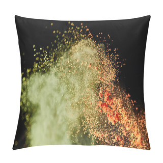 Personality  Cosmetic Brush With Colorful Yellow And Orange Powder Explosion On Black Background Pillow Covers