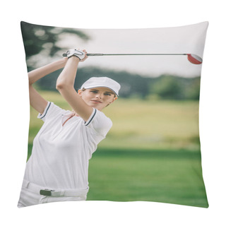 Personality  Portrait Of Female Golf Player In Cap With Golf Club In Hands At Golf Course Pillow Covers