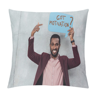Personality  Smiling African American Casual Businessman Looking At Camera And Pointing With Finger At Speech Bubble With Got Motivation Question Pillow Covers