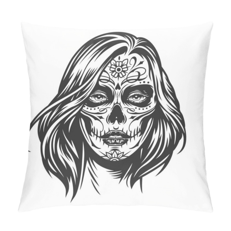 Personality  Mexican Day of Dead girl with floral pattern on her face in vintage monochrome style isolated vector illustration pillow covers