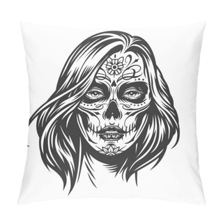 Personality  Mexican Day Of Dead Girl With Floral Pattern On Her Face In Vintage Monochrome Style Isolated Vector Illustration Pillow Covers