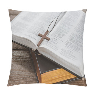 Personality  Close-up Shot Of Holy Bibles With Cross On Wooden Table Pillow Covers