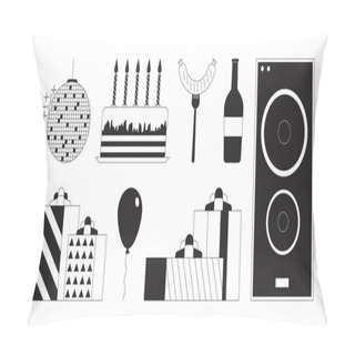 Personality  Birthday Party Celebration Black And White 2D Line Cartoon Objects Set. Home Decor, Food And Entertainment Isolated Vector Outline Items Collection. Holiday Event Monochromatic Flat Spot Illustrations Pillow Covers