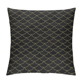 Personality  Mermaid Fish Scale Black Velvet Wave Japanese Luxury Seamless Pattern. Watercolor Hand Drawn Velour Background With Gold Line. Watercolour Scale Shaped Texture. Print For Textile, Wallpaper, Wrapping. Pillow Covers