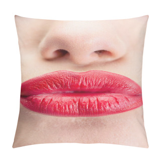 Personality  Extreme Close Up On Gorgeous Red Lips Kissing At Camera Pillow Covers