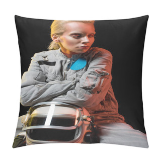 Personality  Beautiful Female Cosmonaut In Spacesuit With Helmet On Black Pillow Covers