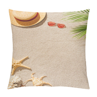 Personality Top View Of Straw Hat With Sunglasses On Sandy Beach Pillow Covers