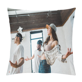 Personality  Selective Focus Of Attractive Girl In Cap With Outstretched Hands Near Handsome Multicultural Dancers Pillow Covers