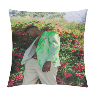 Personality  African American Man In Trendy Green And White Blazer Looking At Blossoming Bushes In Park Pillow Covers