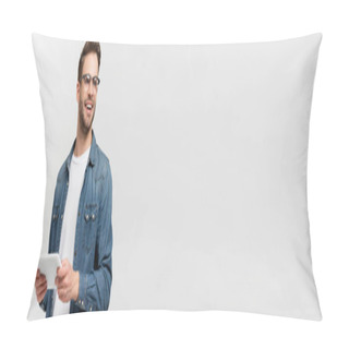 Personality  Young Man In Eyeglasses Smiling And Holding Digital Tablet Isolated On Grey, Banner Pillow Covers