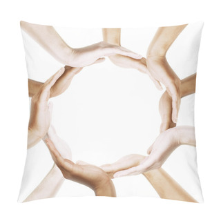 Personality  Multiracial Human Hands Making A Circle On White Background With A Copy Spa Pillow Covers