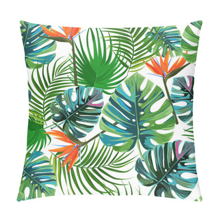 Personality  Tropical Dark Green Leaves Of Palm Trees And Flowers Bird Of Paradise Strelitzia . Summer Exotic Seamless Pattern. Pillow Covers