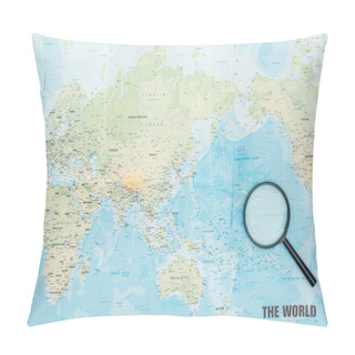 Personality  Top View Of Magnifying Glass On World Map  Pillow Covers