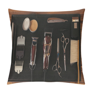 Personality  Top View Of Set Of Various Professional Barber Tools In Hair Salon  Pillow Covers