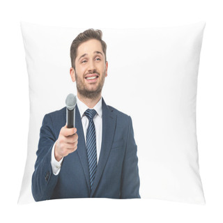 Personality  Happy News Presenter Holding Microphone While Looking Away Isolated On White Pillow Covers