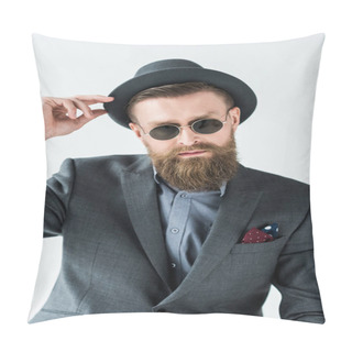 Personality  Stylish Bearded Man Wearing Hat And Sunglasses Isolated On Light Background Pillow Covers