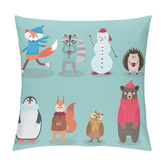 Personality Christmas Characters - Animals, Snowmen. Cute Woodland Characters, Bear, Fox, Raccoon, Hedgehog, Penguin, Owl And Squirrel. Vector Illustration. Pillow Covers