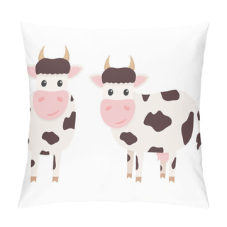 Personality  Cute Cows Charcaters Set. Farm Cartoon Animals. Vector Illustration Isolated On White Pillow Covers