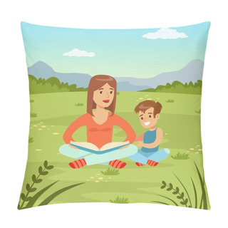 Personality  Mother Reading A Book To Her Son On  Nature Background, Family Leisure Flat Vector Illustration Pillow Covers