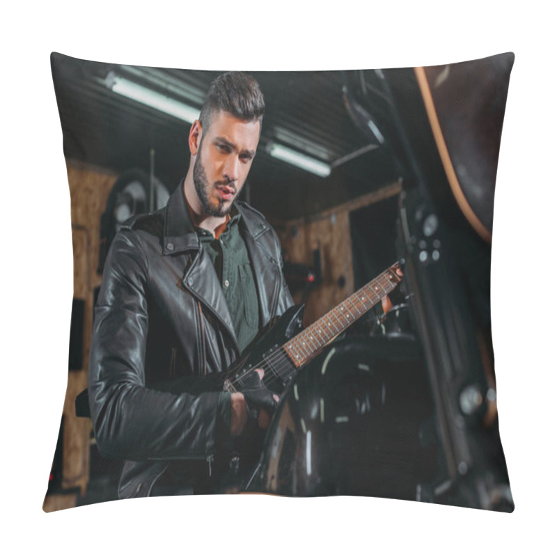 Personality  Handsome Young Man Playing Guitar While Sitting On Bike At Garage Pillow Covers