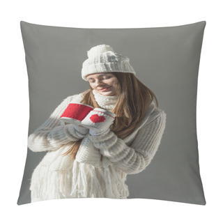 Personality  Cheerful Attractive Woman In Fashionable Winter Sweater And Scarf Holding Two Cups Isolated On Grey Pillow Covers