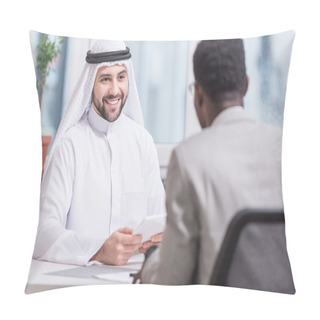 Personality  Arabian Businessman Smiling And Holding Digital Tablet In Office  Pillow Covers