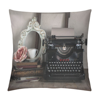 Personality  Details Of Still Life In The Home Interior. Vintage Girl Wood Frames, Cup Of Coffee, Paeony, Typewriter, Books, Letters, White Feather, Pen Stylus  On Wooden Background In Rustic Style Pillow Covers
