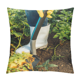 Personality  Partial View Of Farmer In Rubber Boots Digging Ground In Field With Shovel Pillow Covers
