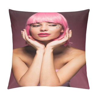 Personality  Pretty Young Woman With Pink Hair And Shiny Jewelry Stones On Face On Dark Purple Pillow Covers