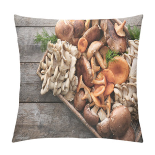 Personality  Wicker Tray With Variety Of Raw Mushrooms On Wooden Table Pillow Covers