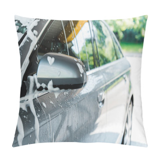 Personality  Selective Focus Of Car Mirror With White Foam In Car Wash  Pillow Covers