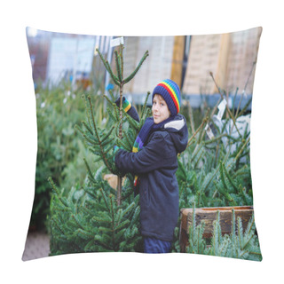 Personality  Adorable Little Smiling Kid Boy Holding Christmas Tree On Market. Happy Healthy Child In Winter Fashion Clothes Choosing And Buying Big Xmas Tree In Outdoor Shop. Family, Tradition, Celebration. Pillow Covers