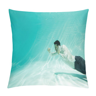 Personality  Cheerful Arabian Businessman Talking On Cellphone And Showing Yes Gesture In Swimming Pool  Pillow Covers