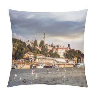 Personality  Belgrade Downtown Cloudy Sunset Panorama With Tourist Port Viewed From Sava River Perspective Pillow Covers