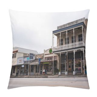 Personality  Fredericksburg, Texas - February 22, 2024:  Street Scene From Hill Country Town, Fredericksburg Texas With Historic Buildings In View.  Pillow Covers