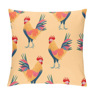 Personality   Bright Seamless Pattern With The Image Of A Multicolored Rooster. Pillow Covers