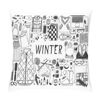 Personality  Hand Drawn Fashion Illustration. Creative Ink Art Work. Actual Vector Drawing. Winter Set Pillow Covers