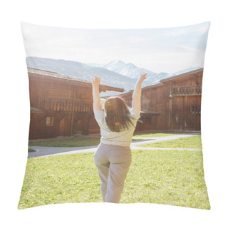 Personality  Back View Of Beautiful Young Woman Raising Hands While Standing Between Wooden Houses In Mountain Village, Mont Blanc, Alps Pillow Covers
