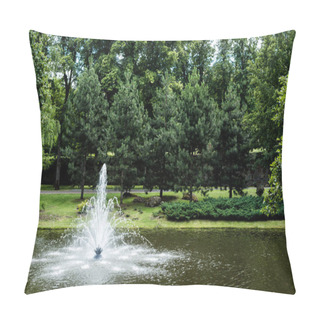 Personality  Green Trees With Fresh Leaves Near Fountain In Pond  Pillow Covers