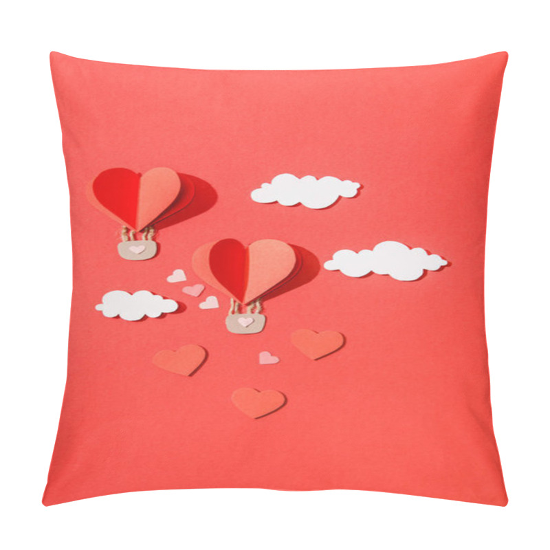 Personality  top view of paper heart shaped air balloons in clouds on red background pillow covers